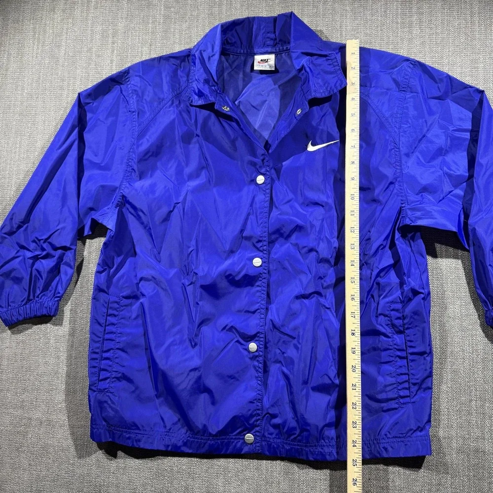 Vintage Nike Jacket Kids‎ Medium 10-12 Blue Nylon Swoosh Snap Windbreaker 90s
